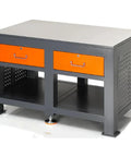 Heavy Duty Steel Top Workbench Beefed Up Industrial Fitter Bench With Prepped Vise Mount Spot featuring gray body and orange drawers.