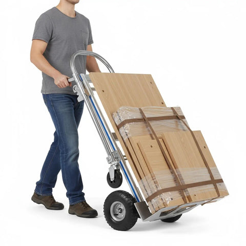 3 In 1 Folding Hand Truck Dolly Cart With Wheels Up To 550 Lbs Heavy Duty Aluminum Frame Includes Stair Climbing Four Wheel Incline And Flatbed Modes No Tools Needed carrying boxed panels in stair-climbing mode