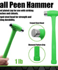Green 1 lb ball peen hammer with forged steel head and diamond grip, part of Three Piece Deadblow Multi Purpose Hammer Set For Metalworking And Woodworking Including 12 Oz Brass Hammer, 1 Lb Ball Peen Hammer, And 1/2 Lb Deadblow Mallet For Automotive, Home Garage, Workshop And Shop Projects.