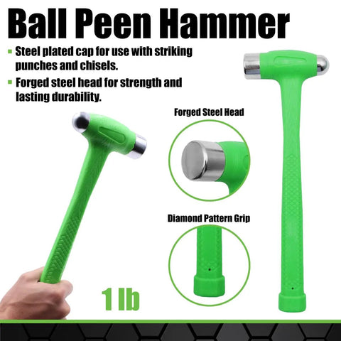 Green 1 lb ball peen hammer with forged steel head and diamond grip, part of Three Piece Deadblow Multi Purpose Hammer Set For Metalworking And Woodworking Including 12 Oz Brass Hammer, 1 Lb Ball Peen Hammer, And 1/2 Lb Deadblow Mallet For Automotive, Home Garage, Workshop And Shop Projects.