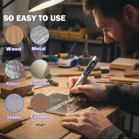 Person using USB Rechargeable Engraving Pen Kit With 35 Bits Cordless Mini Electric Engraver Etching Tool for DIY on metal