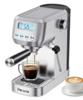 Total Game Changer 20 Bar Espresso Maker With Sleek LCD Display brewing coffee into a glass cup on a countertop.