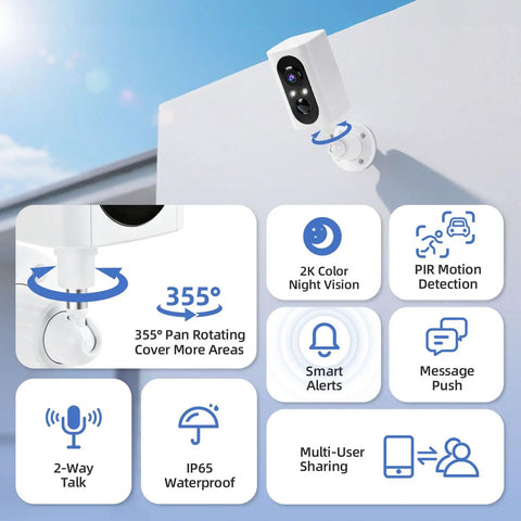Wireless Outdoor Security Camera Set With 355 Degree Pan 2K Color Night Vision Battery Powered WiFi Enabled Motion Detection