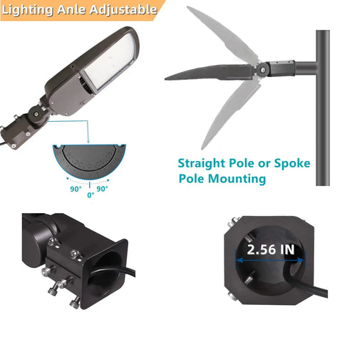 Hella Bright 200W Outdoor LED Parking Lot Light With Slip Fitter, 5000K Daylight showcasing adjustable lighting angle and mounting options.