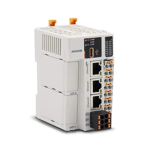 32 Axis PLC Motion Controller For CoDeSys In AK8X0 Series with dual Ethernet ports and RS485 interface, front view