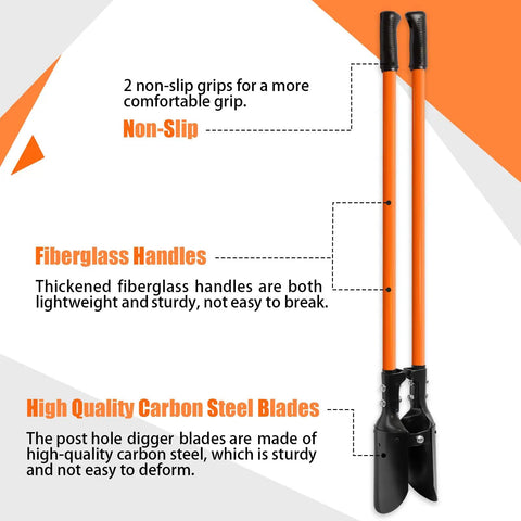 Heavy Duty Post Hole Digger With Fiberglass Handle And Carbon Steel Blades 58 Inch Reach Orange And Black with features