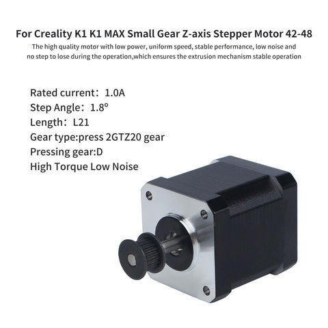 Replacement Z Axis NEMA 17 Stepper Motor 42x48mm For K1 Max 2024 shown with 20 tooth gear and high torque design for precise movement.
