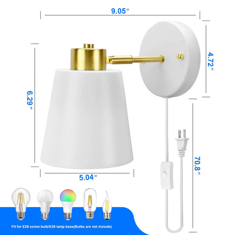 Rotatable Plug In Wall Sconces With Adjustable Angle White Matte Shade Metal Vintage Industrial Dope Vibe Wall Mounted Reading Lights For Bedroom Bedside Hallway Office 2 Pack showing dimensions and bulb options