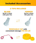 BabeBot 4-Ounce Wide Mouth Glue Bottle With Replaceable Tips, No Drip Design, yellow cap and included blade and yorker tips