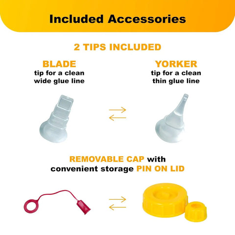 BabeBot 4-Ounce Wide Mouth Glue Bottle With Replaceable Tips, No Drip Design, yellow cap and included blade and yorker tips
