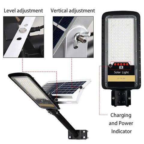 Solar Street Light Outdoor Flood Light With 16000 Lm IP67 Waterproof Finish Heavy Duty Remote Control And Mounting Bracket Dusk To Dawn Security Lighting For Yard Garden Patio Park detailing adjustments and indicators.