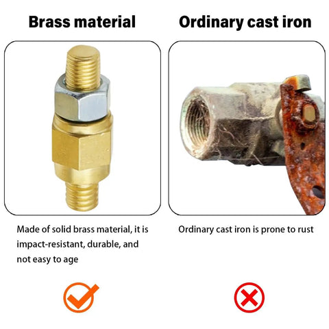 Comparison of heavy duty 2 pack car side post battery terminal brass studs and rusty ordinary cast iron fitting.