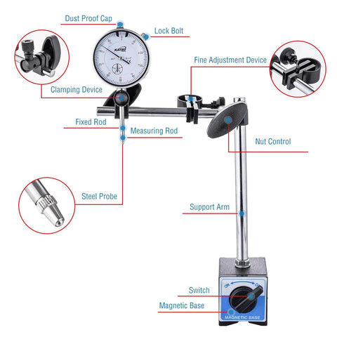 KATSU dial indicator with magnetic base on adjustable stand; 0–1.0 inch range, 0.001 inch precision.