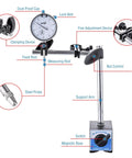 Dial Indicator With Magnetic Base 0-1.0 In Range, 0.001 In Precision, Fine Adjustment, Pro Level Measuring Kit features labeled parts.