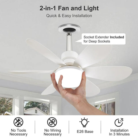 Compact 20.5 Inch Ceiling Fan With Built In Light And Wireless Remote showing easy installation and white blades.