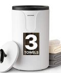 White towel warmer bucket with lid, displaying '3 Towels' in front, suitable for Heavy Duty Iron Adjustable Towel Warmer Stand.