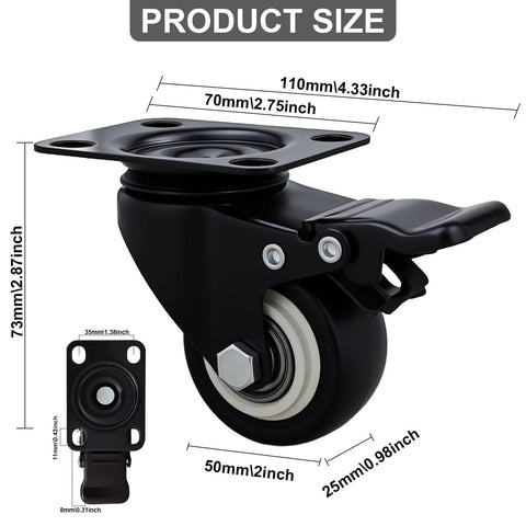 2-inch black polyurethane caster wheel with brake and mounting plate.