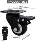 2 Inch Caster Wheels Set Of 16 Heavy Duty Casters With Brakes And Locking Polyurethane Wheels For Furniture And Workbenches 360 Degree Swivel Silent Operation Load Capacity 800 Lbs, showing size dimensions.