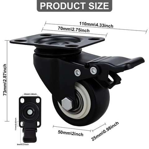 Heavy Duty 2 Inch Caster Wheels Set Of 20, Double Locking Polyurethane Rolling Casters shown with dimensions and details.