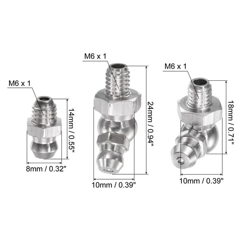 Close-up of 304 Stainless Steel Grease Fittings Kit Built To Last 15 Pcs Heavy Duty With Straight And Angled M6x1mm Metric Threads