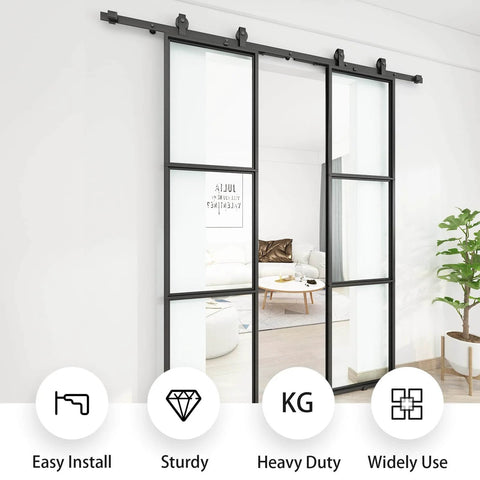 Double Sliding Barn Door Set 42 By 84 Inch With 7 Foot Hardware Kit And Soft Close Mechanism Includes Two 21 Inch By 84 Inch Three Pane Clear Glass Panels Carbon Steel Frame No Brainer Install installed view