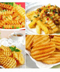 Stainless steel crinkle cutter collage: four views of golden crinkle-cut potato fries on plates
