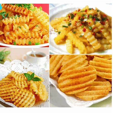 Stainless steel crinkle cutter collage: four views of golden crinkle-cut potato fries on plates