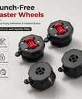 Heavy Duty Stick On Mini Caster Wheels With 360 Swivel Action And One Touch Brake Lock For Appliances Furniture Glide Like Butter Smooth Roll Set Of Four Vibrant Orange showcasing black punch-free design and red brake lever.