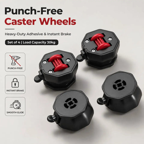 Heavy Duty Stick On Mini Caster Wheels With 360 Swivel Action And One Touch Brake Lock For Appliances Furniture Glide Like Butter Smooth Roll Set Of Four Vibrant Orange showcasing black punch-free design and red brake lever.
