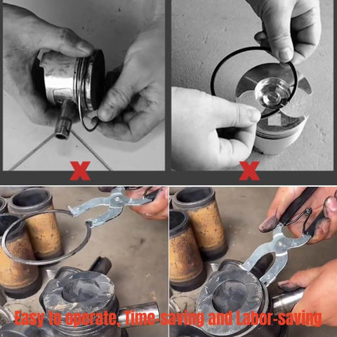 Pro Grade Piston Ring Pliers Kit with Ring Installer and Removal Tool demonstrating piston ring installation and removal