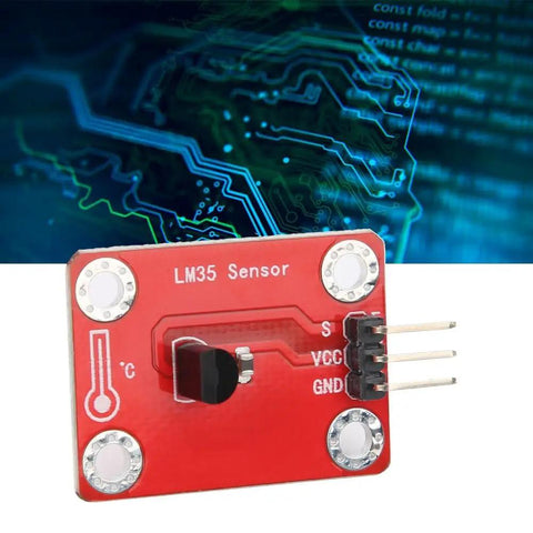 LM35 Temperature Sensor Module with 3-pin interface for Microbit, showing red PCB with linear 10mV/°C output design.