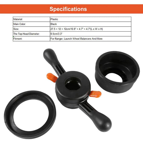 Professional Grade Wheel Balancer Quick Release Wing Nut And Pressure Cup Hub Shaft Nut Kit showing black plastic components for tire swaps.