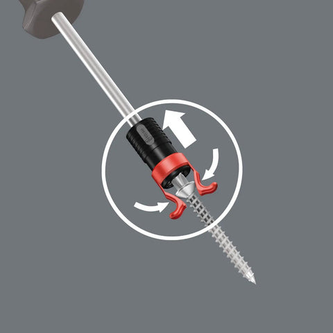 Round And Hex Screw Gripper With Holding Function Quick Change Bit Holder for all screw profiles and sizes, shown on screw.