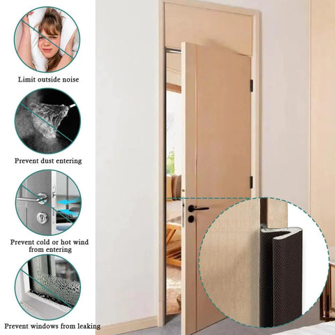 Brown kerf foam door weather strip installed on door edge; 26 ft with slot-card installation.