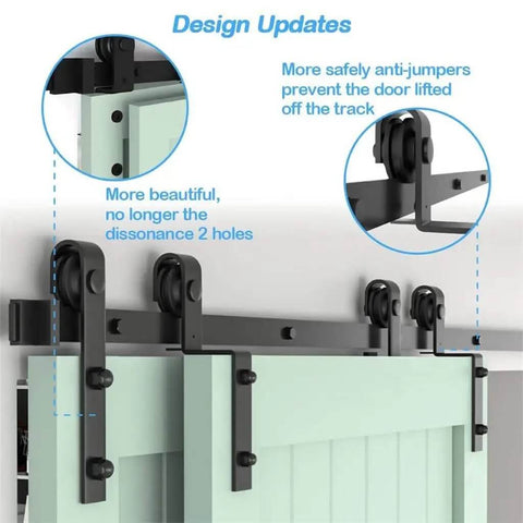 Heavy Duty Barn Door Sliding Hardware Kit With 12.6Ft Black Rails And J Shaped Rollers For Double Doors, easy install track system shown