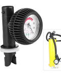 Beefy Air Pressure Gauge For Inflatable Boats Kayaks And Float Tubes With PVC Build Connected to Yellow Pump