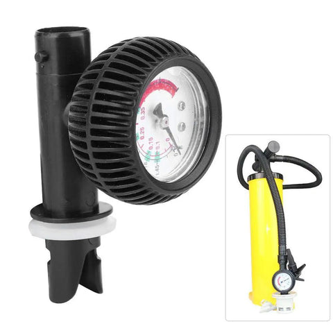Beefy Air Pressure Gauge For Inflatable Boats Kayaks And Float Tubes With PVC Build Connected to Yellow Pump