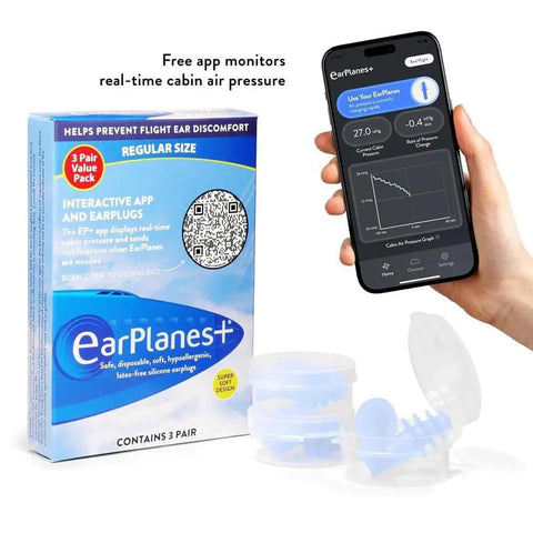 Box of Plus 3 Pairs Of Latex Free Earplugs For Flying Adult Size With CeramX Filter Technology shown with app interface