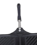 Badafaci Electric Panini Press Flip Iron Non Stick Double Griddle handle detail, compact design for easy use and storage.