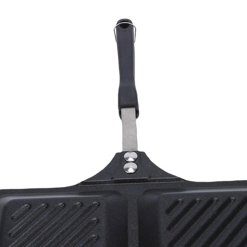 Badafaci Electric Panini Press Flip Iron Non Stick Double Griddle handle detail, compact design for easy use and storage.