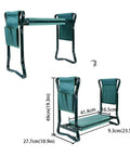 Garden Kneeler Seat 2 In 1 Folding Garden Bench With Handles And Foam Pad shown with dimensions and tool pouches