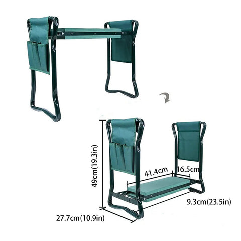Garden Kneeler Seat 2 In 1 Folding Garden Bench With Handles And Foam Pad shown with dimensions and tool pouches