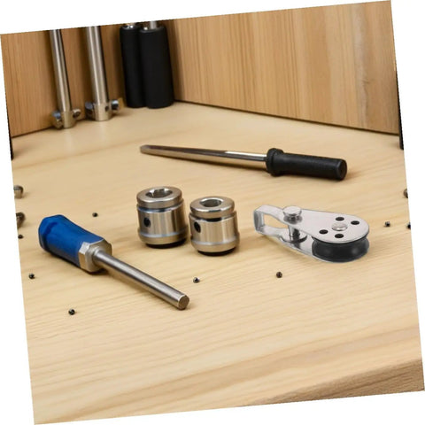 Workbench with tools and Stainless Steel Single Pulley Block Set For Rope Sailing Kayak Boat Hardware Four Piece Marine Bearing Wheel Kit