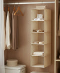 Vertical Hanging Closet Shelf Organizer Multi Tier Open Compartments Hella Efficient Linen Sock Towel Storage No Drilling Needed Super Easy Access To Maximize Closet Height, with clear shelves displaying socks and towels.