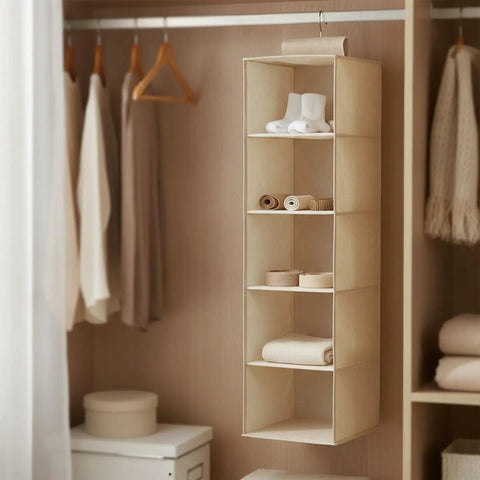 Vertical Hanging Closet Shelf Organizer Multi Tier Open Compartments Hella Efficient Linen Sock Towel Storage No Drilling Needed Super Easy Access To Maximize Closet Height, with clear shelves displaying socks and towels.