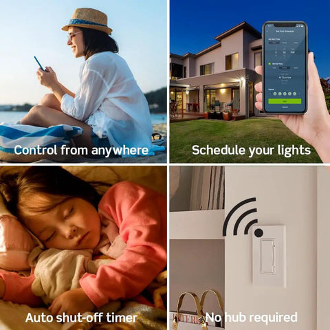 Collage showcasing the Decora Smart Switch Wi Fi 2nd Gen With Matter, demonstrating control features and no hub requirement.
