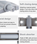 Close-up of grey plastic soft close drawer dampers for easy installation in cabinets, furniture, and storage.
