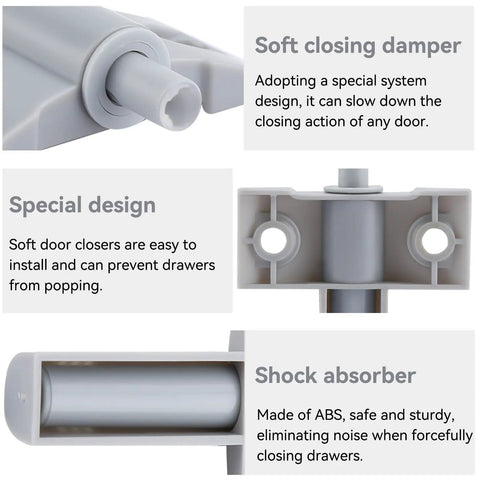 Close-up of grey plastic soft close drawer dampers for easy installation in cabinets, furniture, and storage.