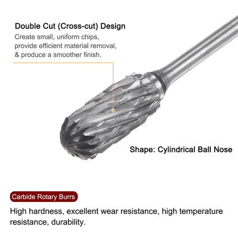 5 Pcs Carbide Rotary Burr Set Three Thirty Second Inch Shank One Quarter Inch Head Double Cut Cylindrical Ball Nose Die Grinder Bits