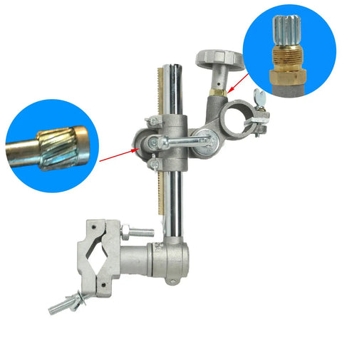 Close-up of Heavy Duty Welding Torch Holder Support Stand with V-Clamp, showcasing adjustment mechanisms and material details.